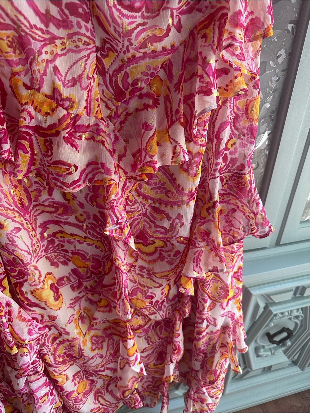 CeCe Pink and Yellow Paisley Tiered Halter Maxi Dress - Picture 7 of 7